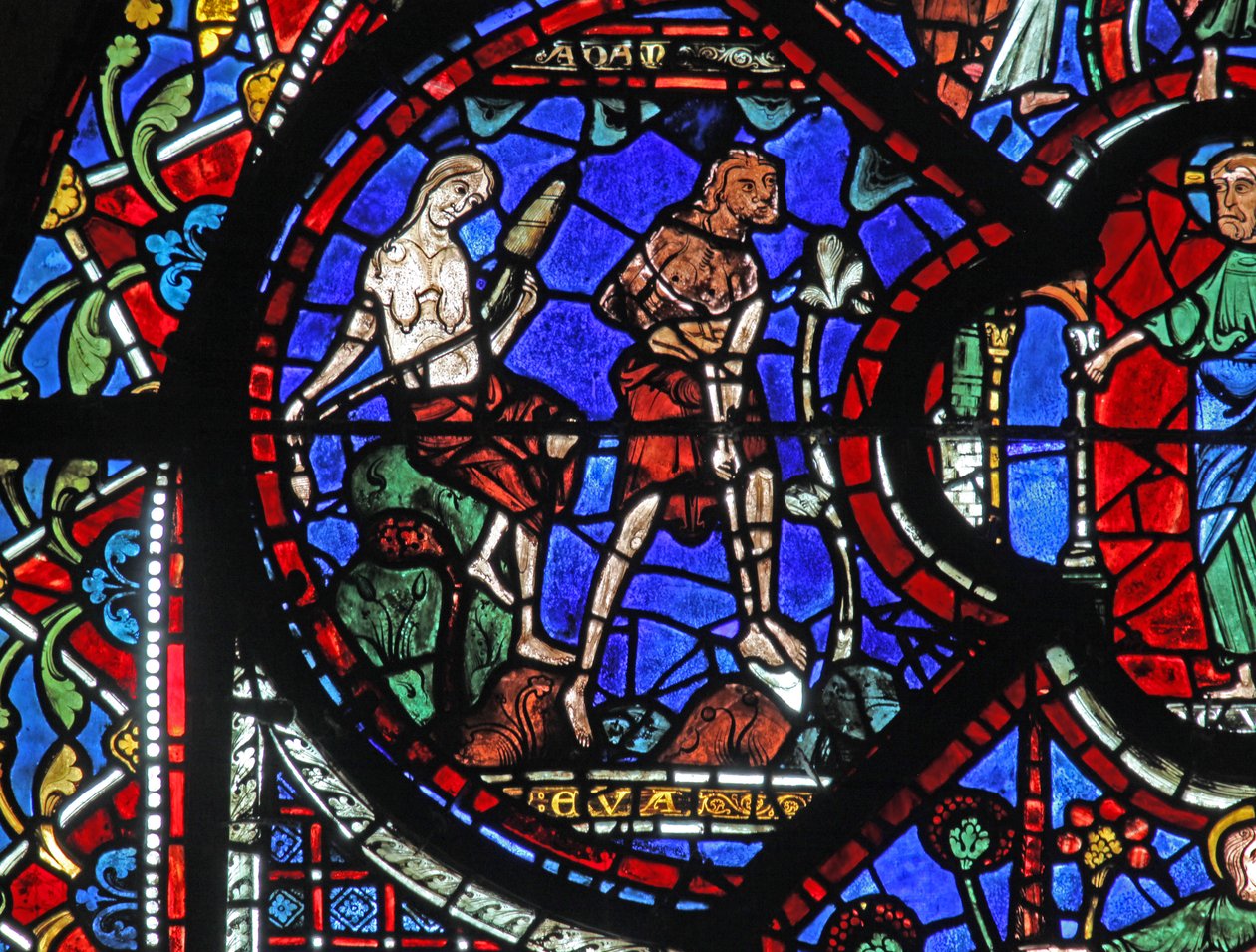 Das Fenster des barmherzigen Samariters: Gott verurteilt Adam und Eva zur Arbeit von French School
