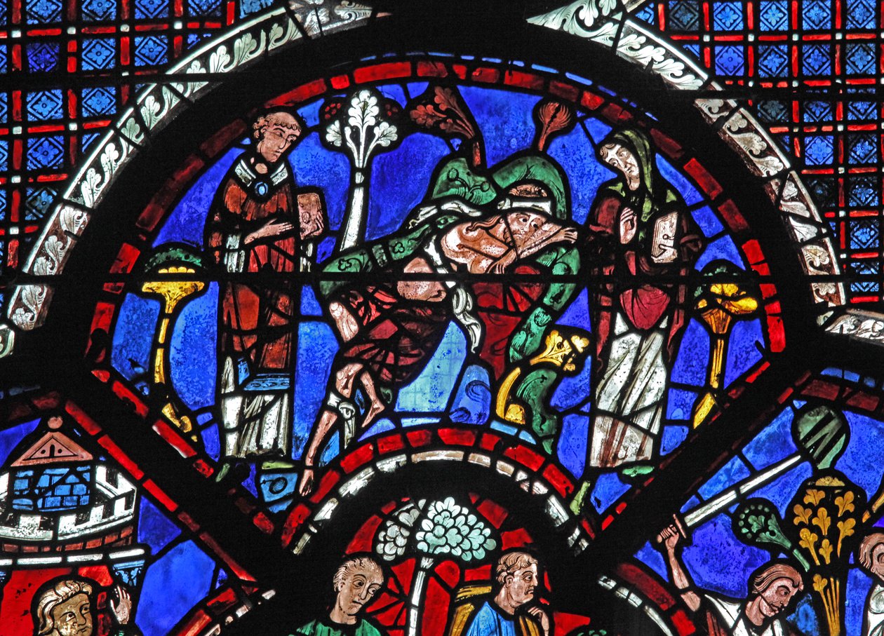 Das Fenster des barmherzigen Samariters: Ein Priester und ein Levit gehen vorbei von French School