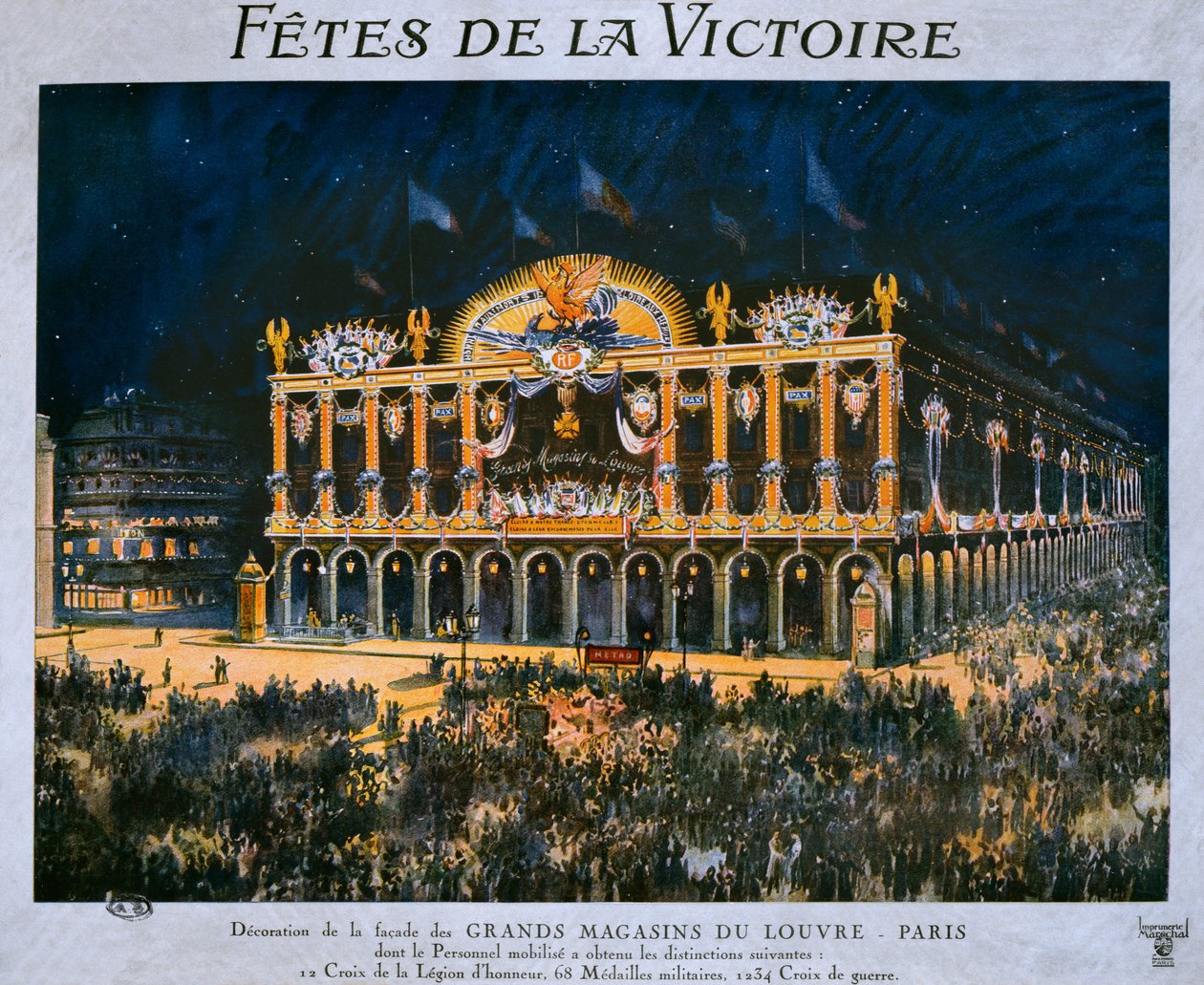 Die Grands Magasins du Louvre geschmückt zur Feier des Sieges von 1918, 14. Juli 1919 von French School