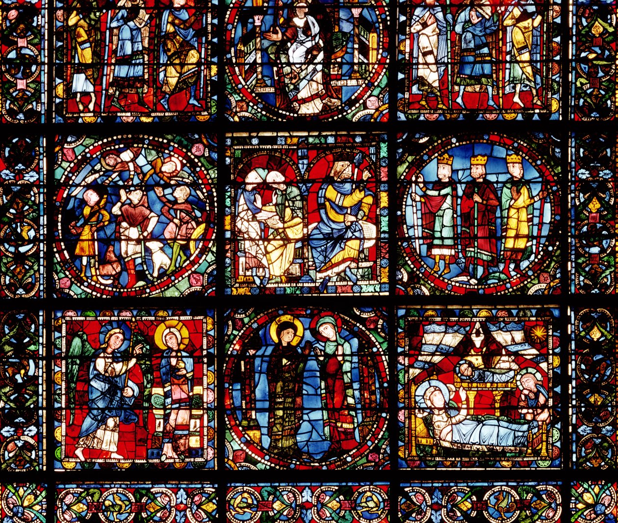 Das Inkarnationsfenster, Detail des unteren Teils, der die Verkündigung, den Besuch, die Geburt, die Verkündigung an die Hirten und die Magier vor Herodes darstellt von French School