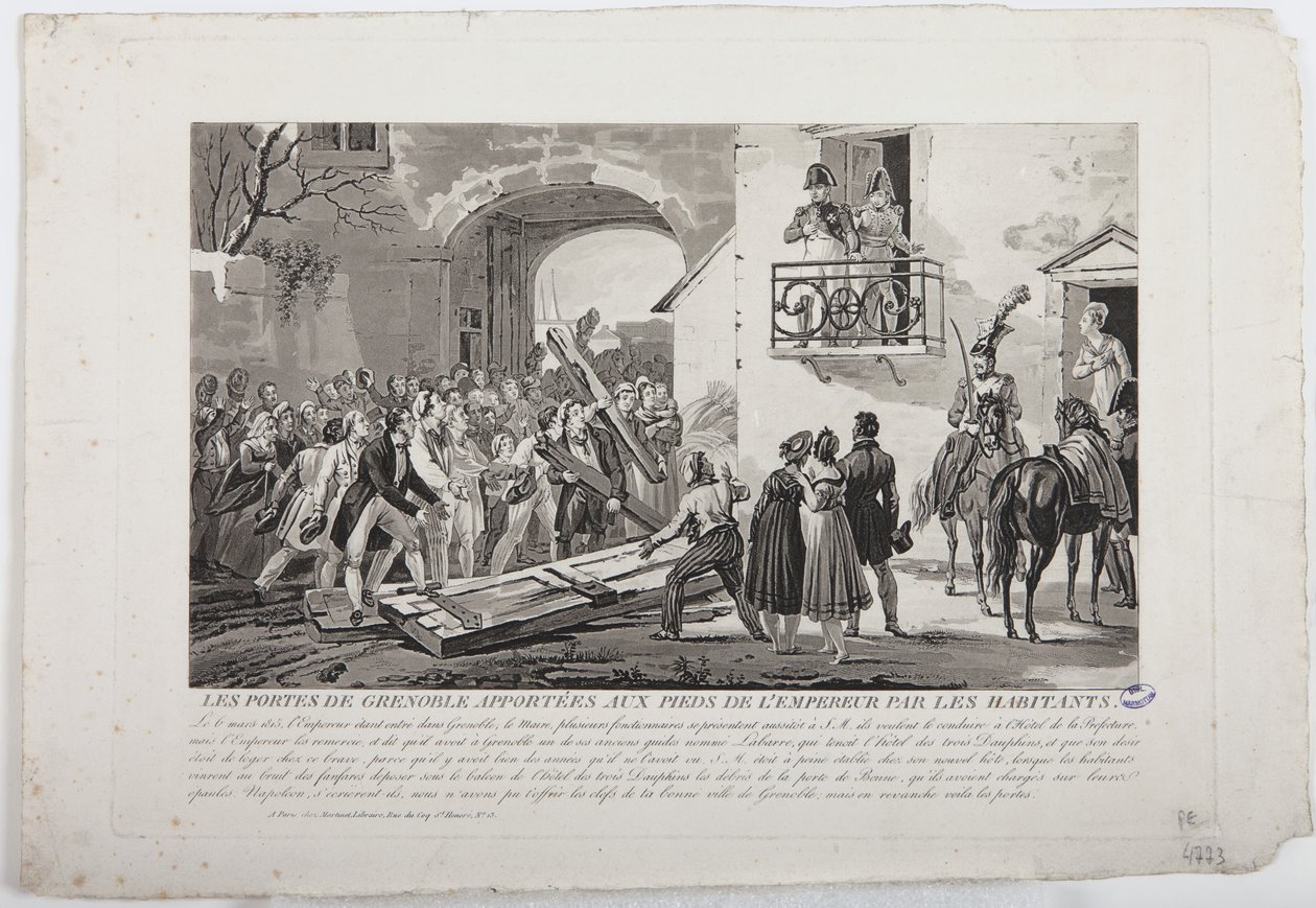 Die Einwohner legen die Tore von Grenoble zu Füßen des Kaisers, 6. März 1815, veröffentlicht von Martinet von French School