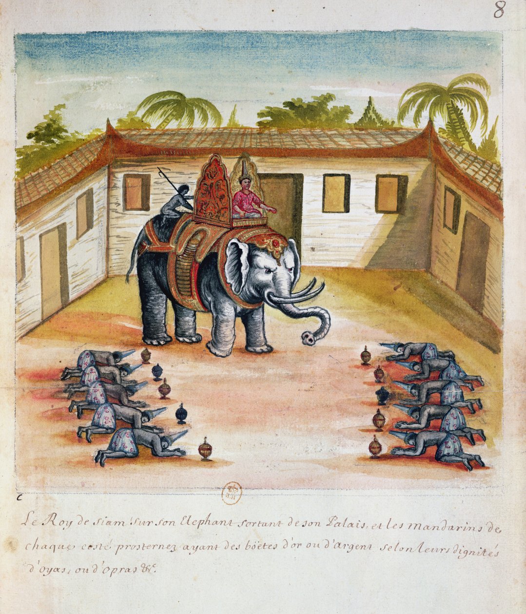 Der König von Siam auf seinem Elefanten, aus einem Bericht der Jesuiten in Siam, 1688 von French School