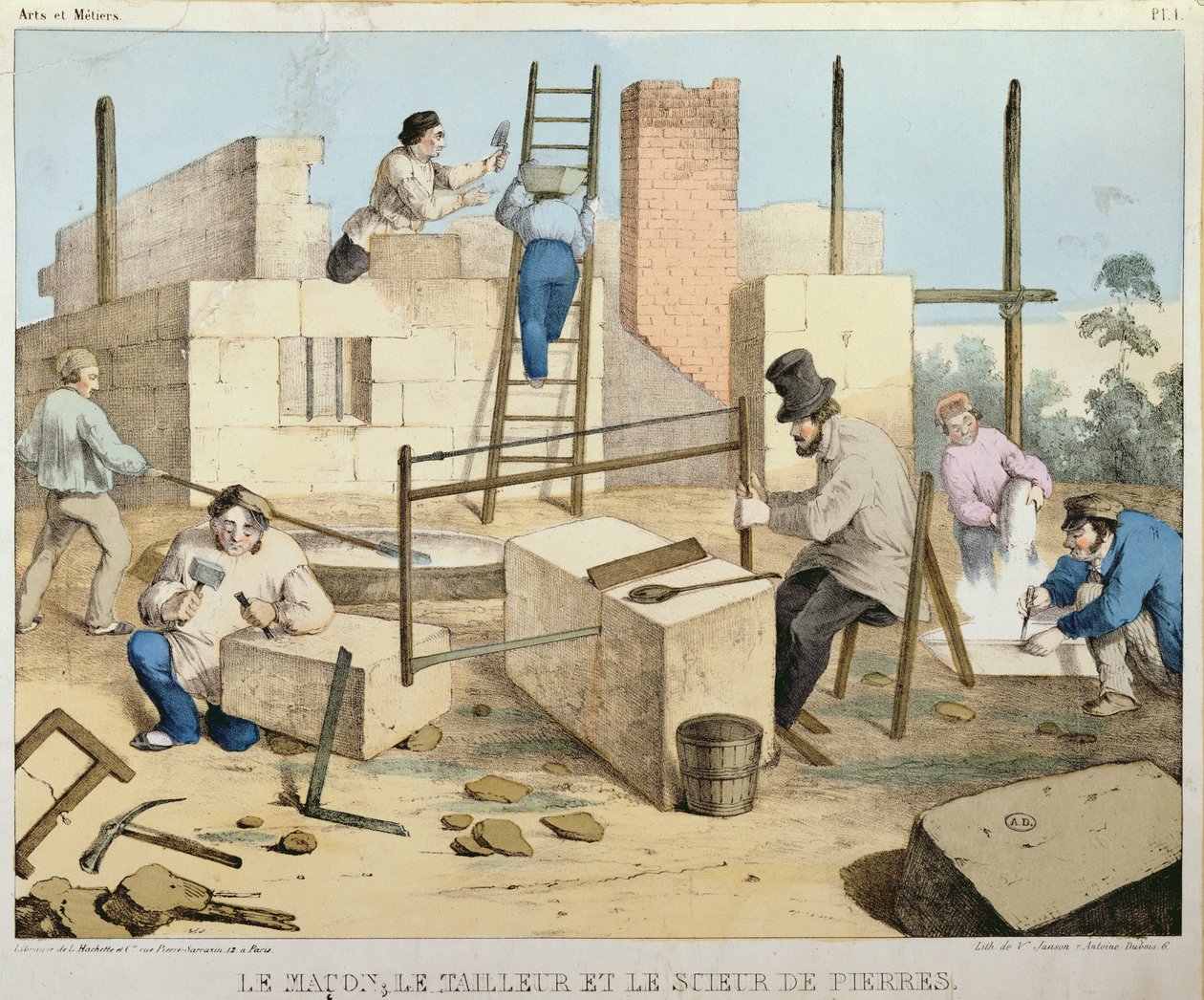 Der Maurer, der Steinschneider und der Steinsäger, ca. 1860 von French School