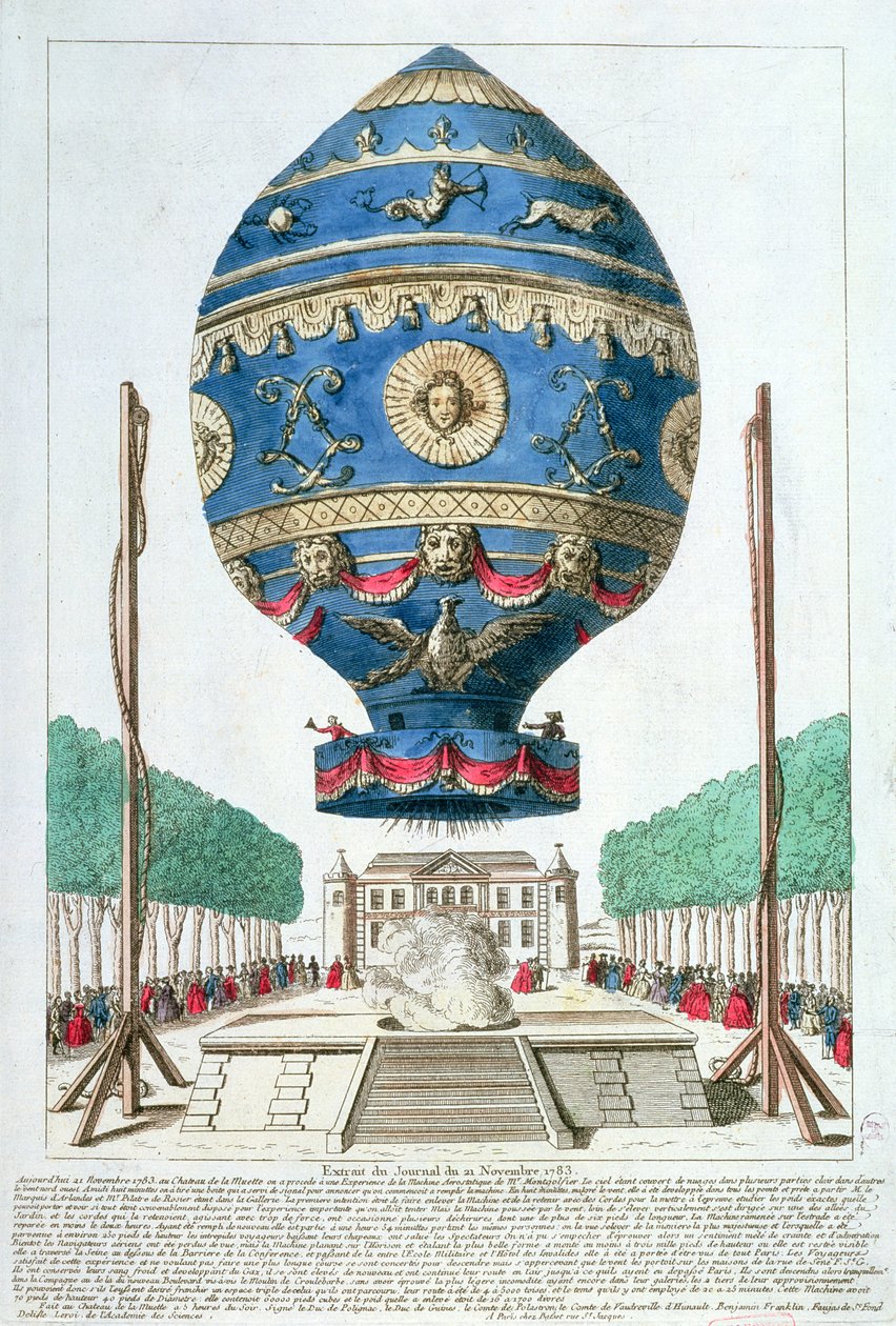 Das Ballonexperiment der Gebrüder Montgolfier im Château de la Muette, 21. November 1783 von French School