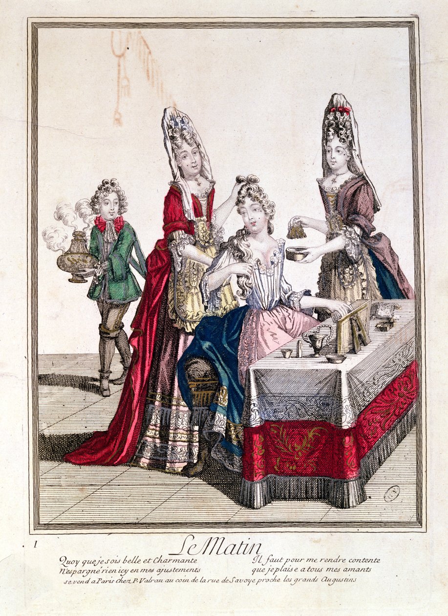 Der Morgen, Dame bei ihrer Toilette, 2. Hälfte des 17. Jahrhunderts (Farbgravur) von French School