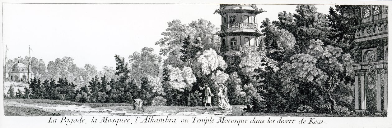 Die Pagode, die Moschee und die Alhambra oder maurischer Tempel in Kew, aus Jardins Anglo-Chinois a la Mode, von George Louis le Rouge, veröffentlicht 1775-78 von French School