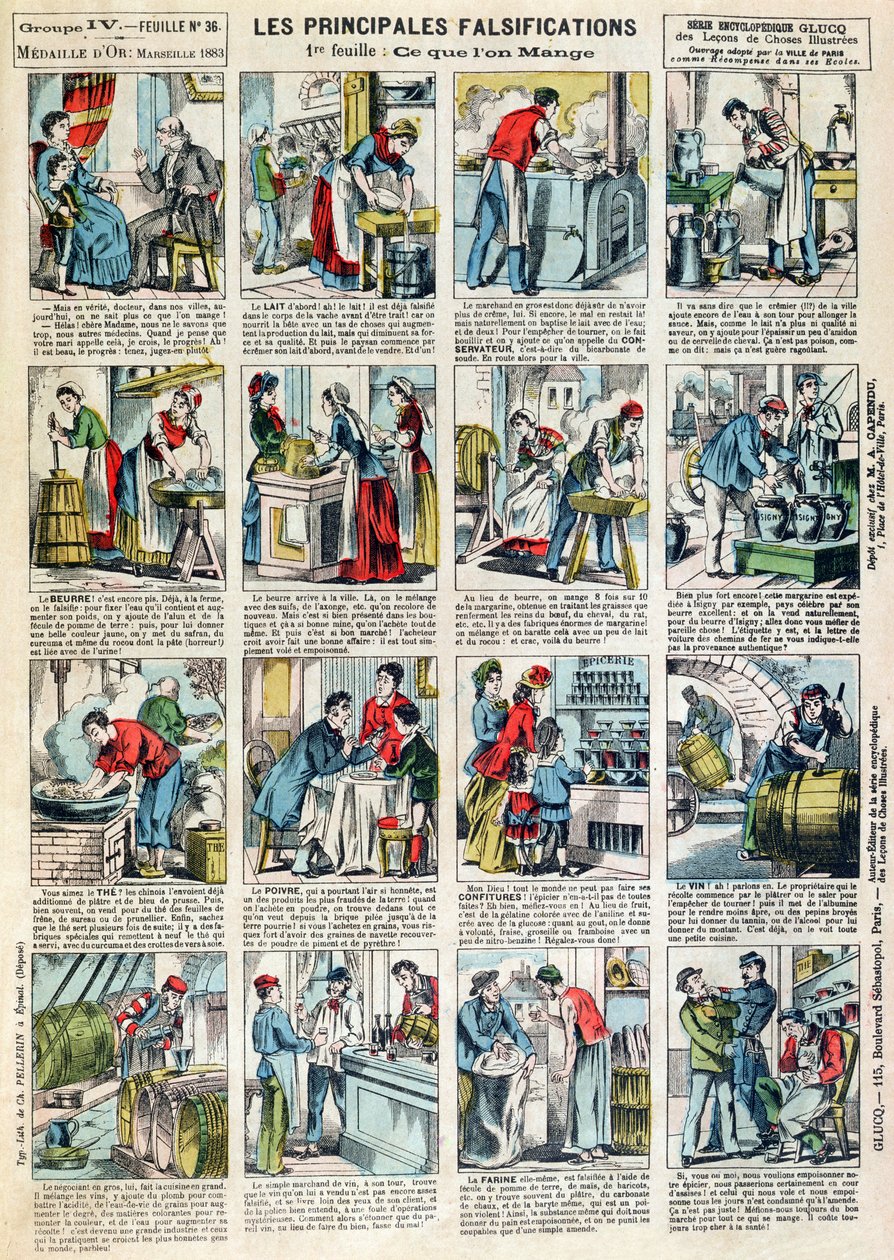 Die Hauptformen der Nahrungsmittelverfälschung, ca. 1883 von French School