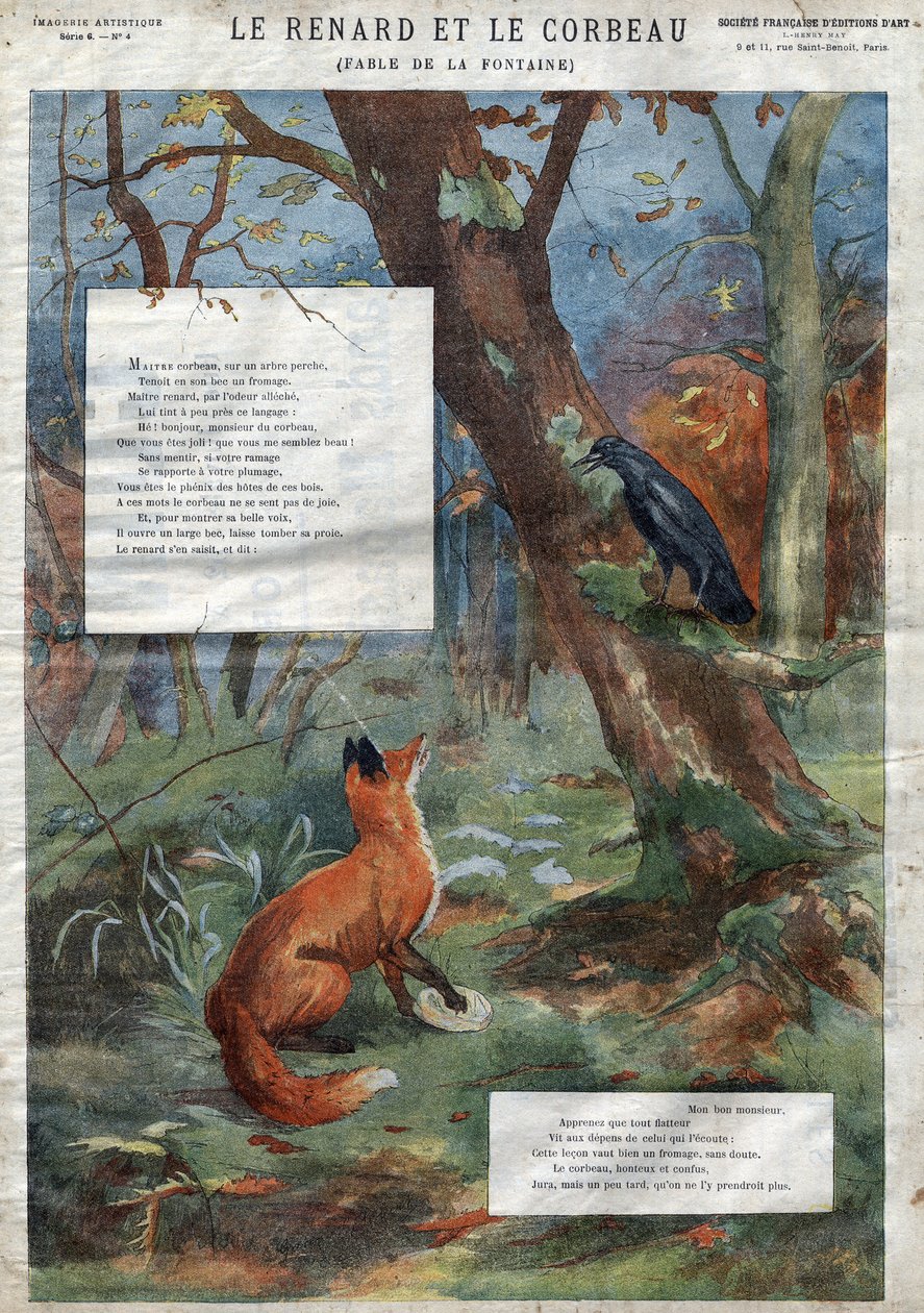 Der Rabe und der Fuchs. Fabeln von Jean de La Fontaine (1621-95). Illustration Ende des 19. Jahrhunderts. von French School