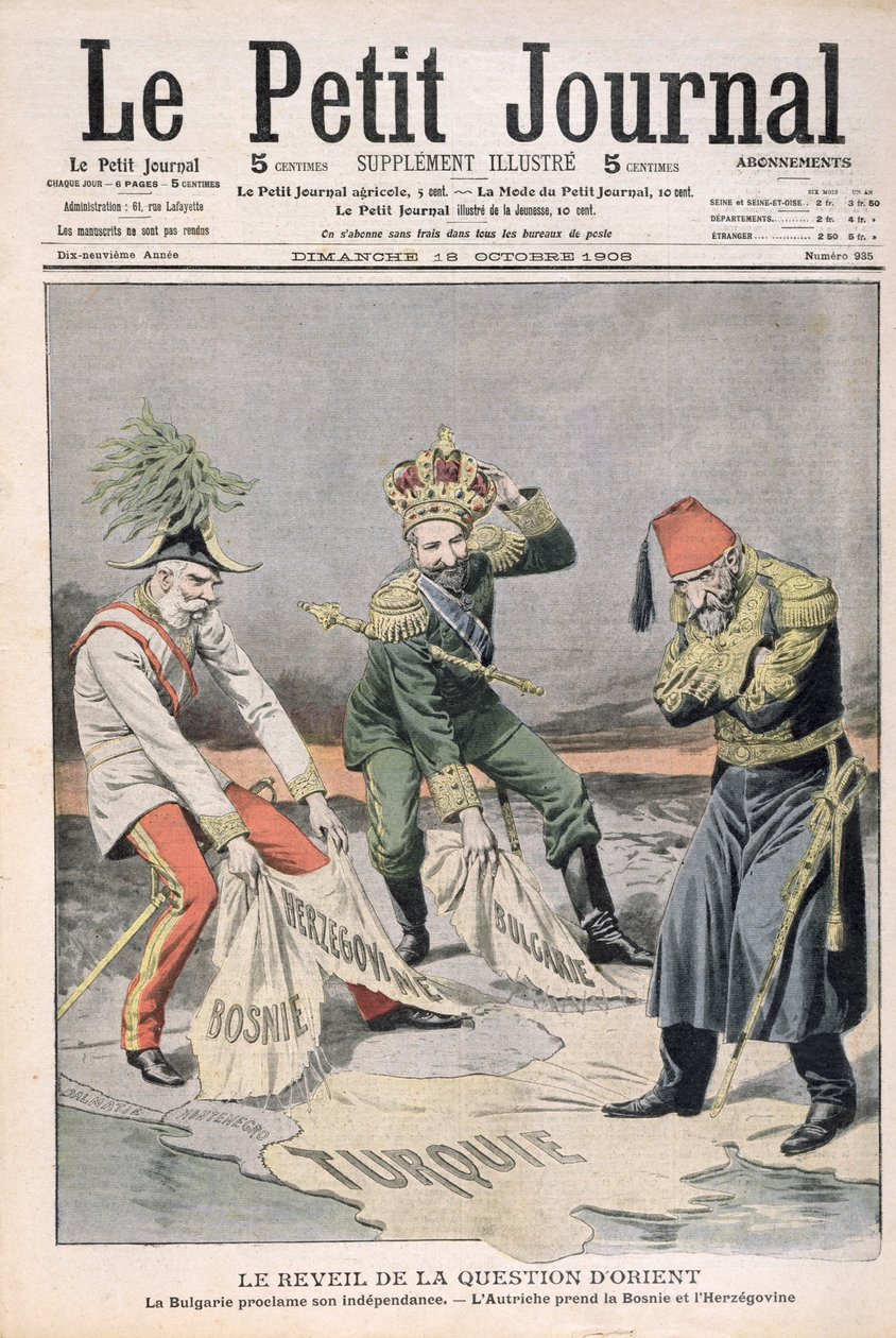 Das Wiederaufleben der Angelegenheiten orientalischer Länder und des Balkans, Titelillustration aus Le Petit Journal, 18. Oktober 1908 von French School