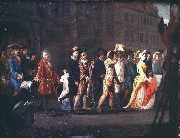 Die Rückkehr der Komödianten nach der Unterdrückung der Comédie Italienne, 1697 von French School