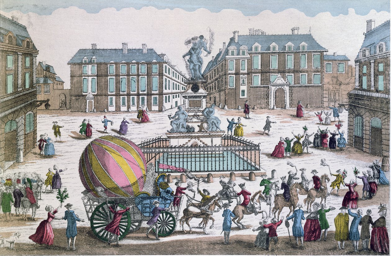 Die Rückkehr am 2. Dezember 1783 zur Werkstatt auf dem Place des Victoires des Ballons von Jacques Charles und Nicholas Robert von French School