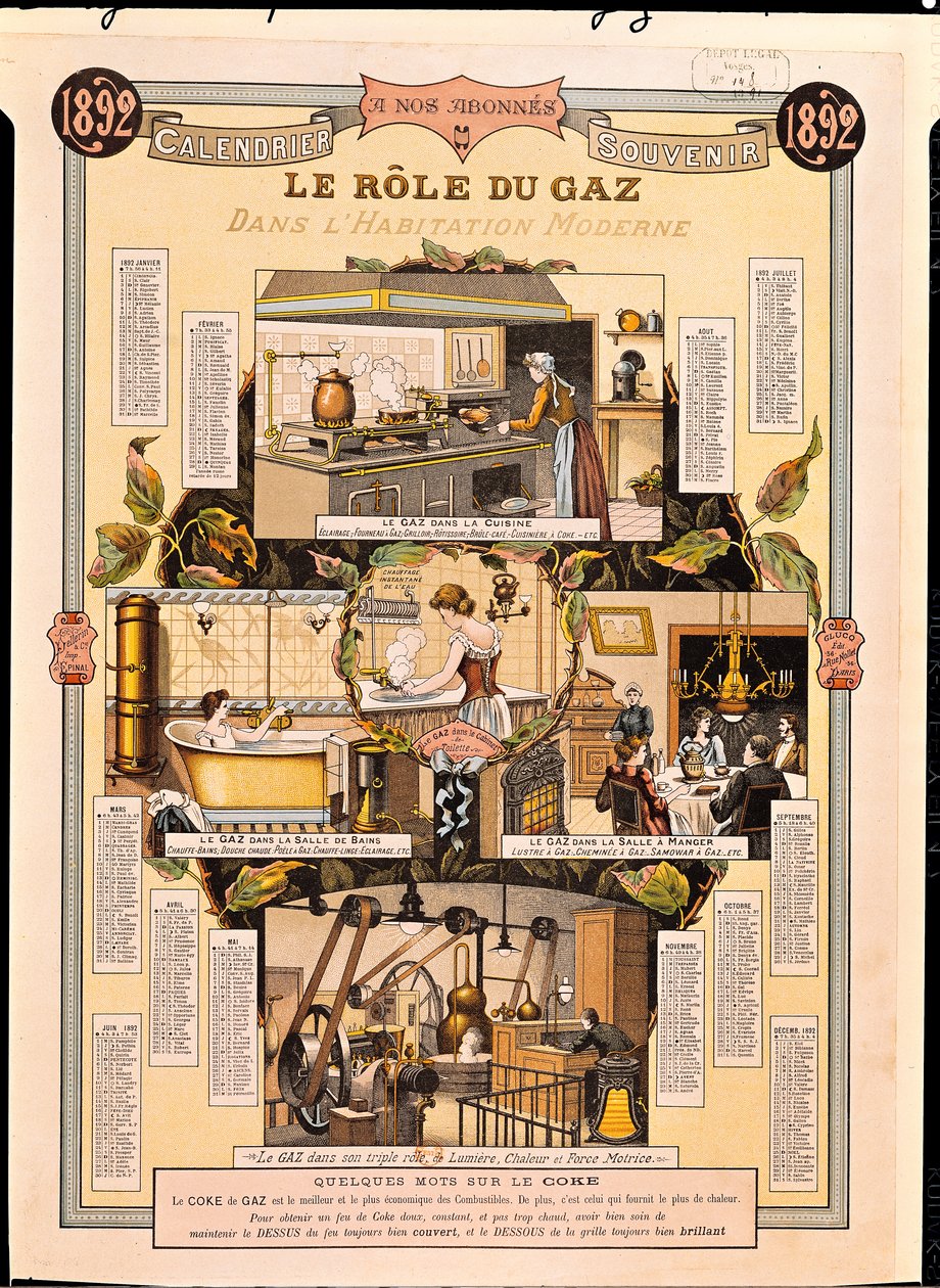Die Rolle des Gases in modernen Häusern, aus einem Kalender einer französischen Gasgesellschaft, 1892 von French School