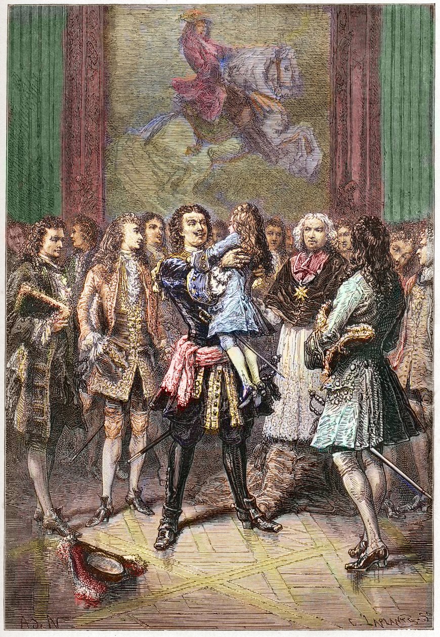 Der russische Zar Peter I. der Große (1672-1725) hält König Ludwig XV. 1717 in Versailles in seinen Armen von French School