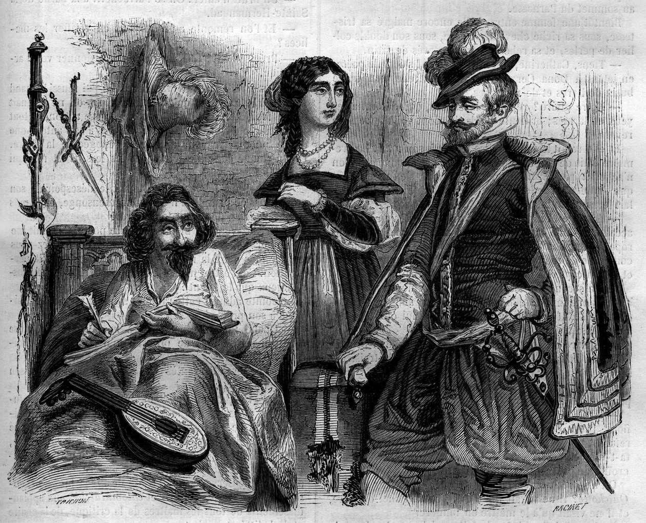 Der spanische Schriftsteller Miguel de Cervantes Saavedra (1547-1616) zu Hause im Jahr 1614 umgeben von seiner Frau und dem Grafen von Lemos. Gravur von 1852. von French School