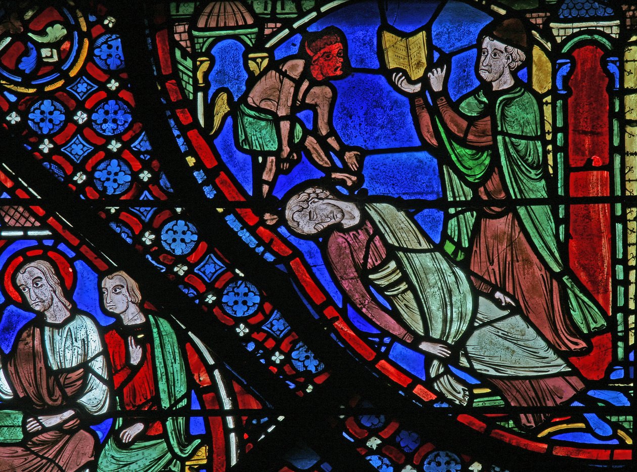 Das St. Jakobus Fenster: Filetus wird von Almogenes (Hermoniges) mit einem Zauberspruch gebunden von French School