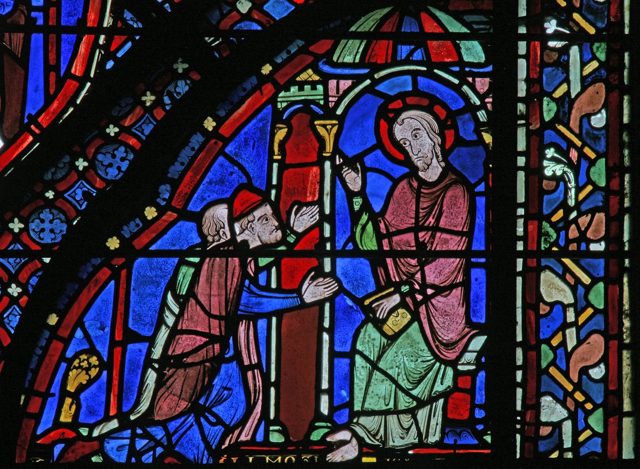Das St. Jakobus Fenster: Jakobus mit Almongenes (Hermogines) und Filetus von French School