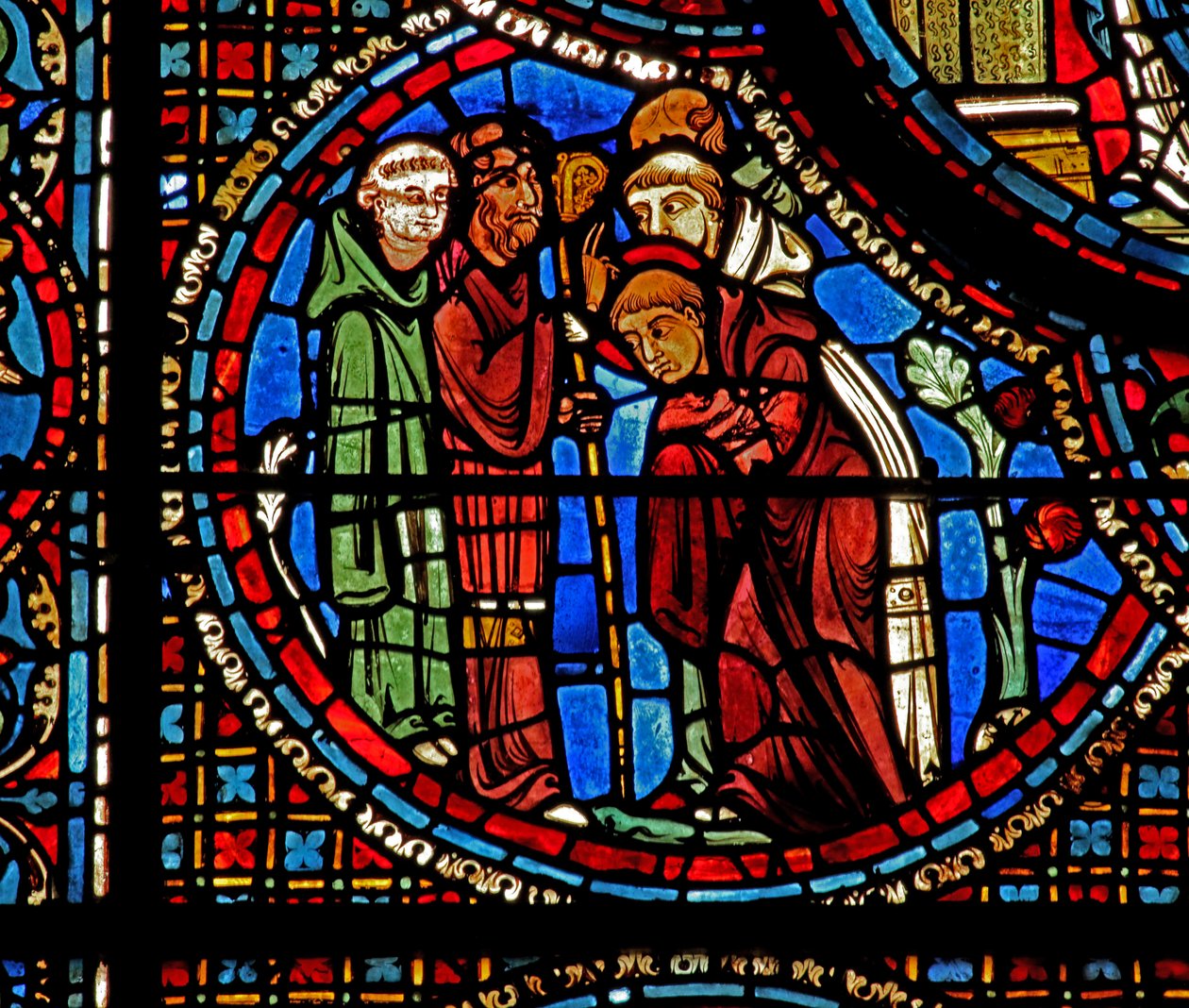 Das St. Lubin Fenster: St. Avit segnet Lubin und die zwei Mönche von French School
