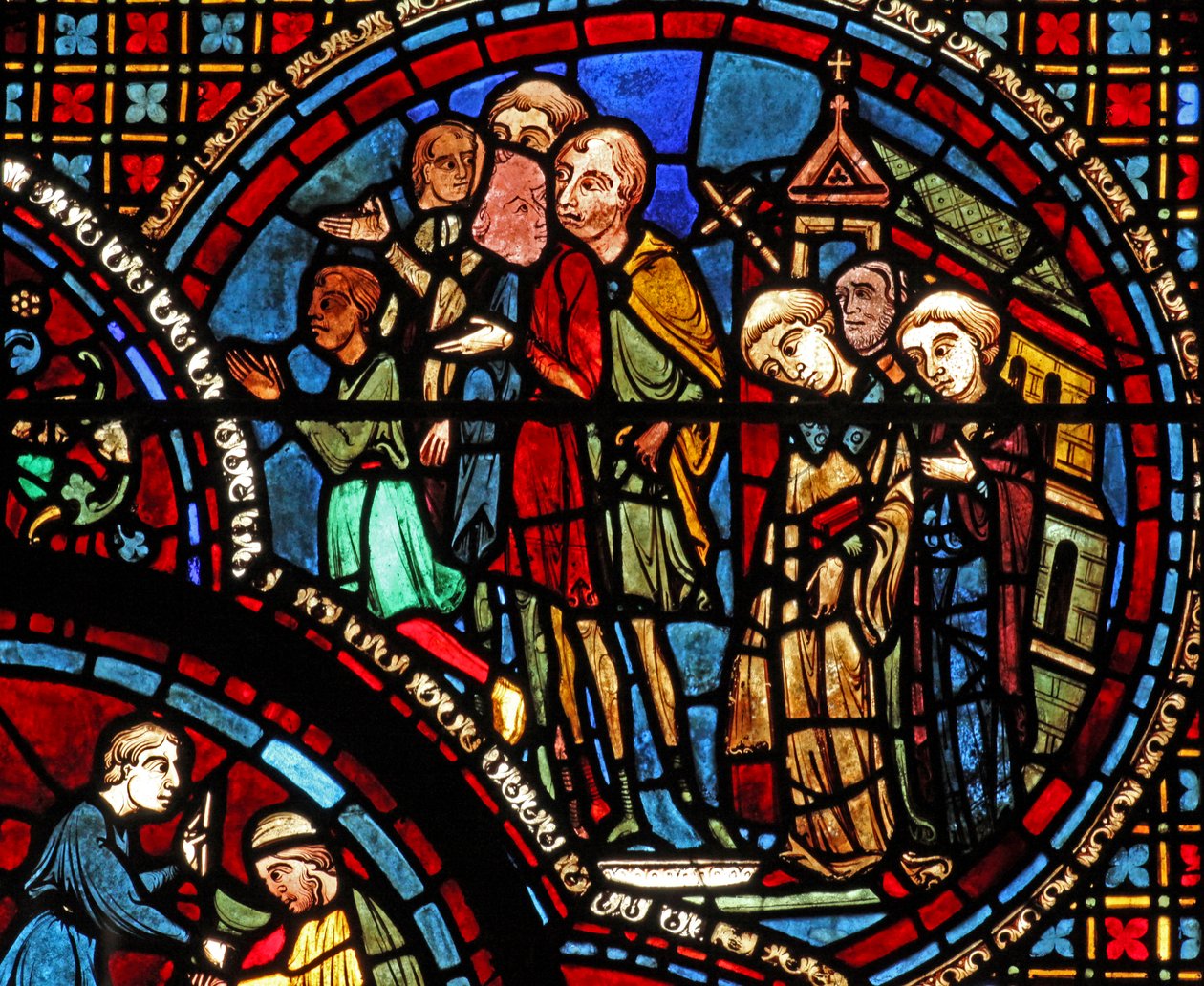 Das St. Lubin Fenster: Eine Prozession verlässt eine Kirche von French School