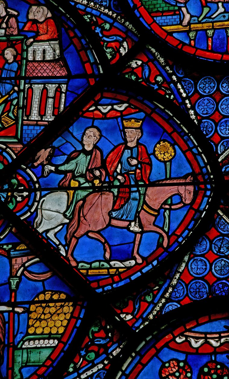 Das St. Thomas Fenster: Der König von Indien geht auf die Falkenjagd von French School