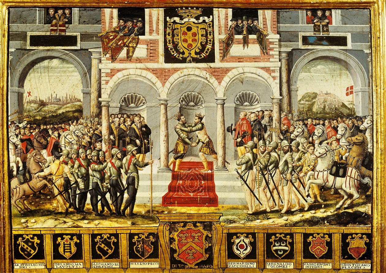Der Vertrag von Cateau-Cambrésis und die Umarmung von Henri II. von Frankreich und Philipp II. von Spanien, 2.-3. April 1559 von French School