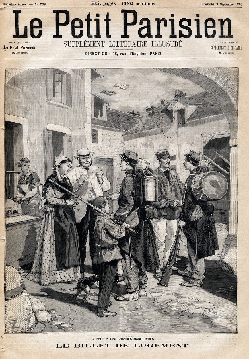 Der Unterkunftsschein, der ein Bett und eine Kerze berechtigt, wird den Soldaten nach ihren Übungen und großen Manövern verteilt. In der Zeitung „Le Petit Parisien“ am 03.09.1893 (Gravur) von French School
