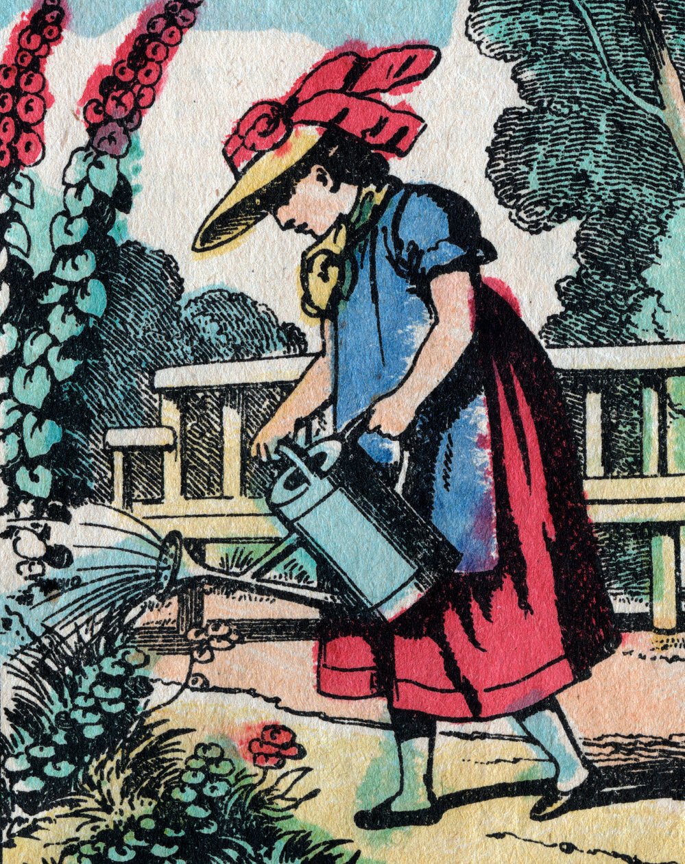 Die Aktivitäten für Mädchen aus guten Familien: Gartenarbeit lernen - Epinal-Bild - 19. Jahrhundert (Gravur) von French School