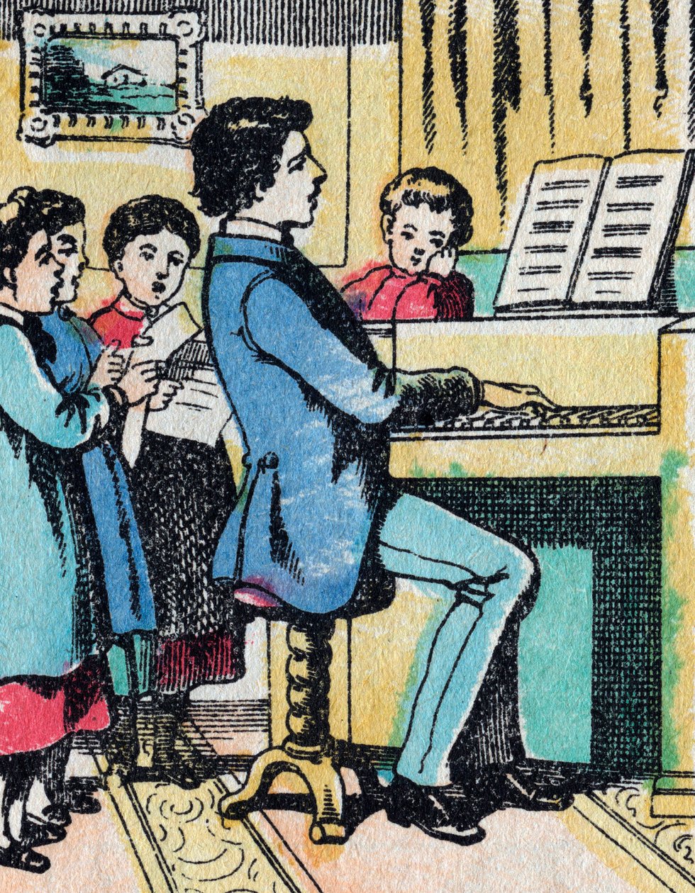 Die Aktivitäten für Mädchen aus guten Familien: Musikunterricht - Epinal-Bild - 19. Jahrhundert (Gravur) von French School