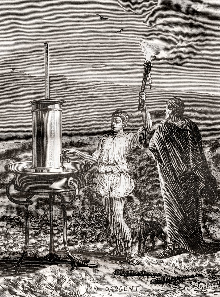 Das antike griechische hydraulische Semaphor-System, das von Aeneas im 4. Jahrhundert v. Chr. verwendet wurde, um eine Nachricht zu senden, aus Les Merveilles de la Science, veröffentlicht um 1870 (Gravur) von French School