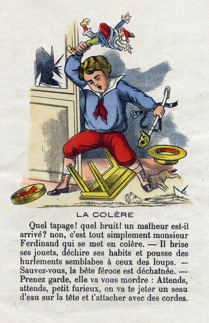 Der Zorn. Launisches Kind, das seine Spielsachen zerbricht. Kleines Jungenalphabet. Abecedarium mit moralischem Wert, das Leseübungen enthält. Epinal-Bild, Ende des 19. Jahrhunderts von French School