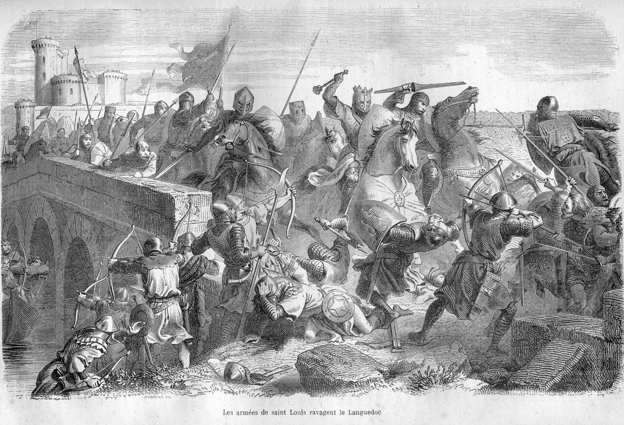 Die Armeen von Saint Louis verwüsten das Languedoc im 13. Jahrhundert - Gravur in „Geschichte der Päpste“ (...) Verbrechen der Königin, Könige und Kaiser durch die Jahrhunderte“ von Maurice Lachatre von French School