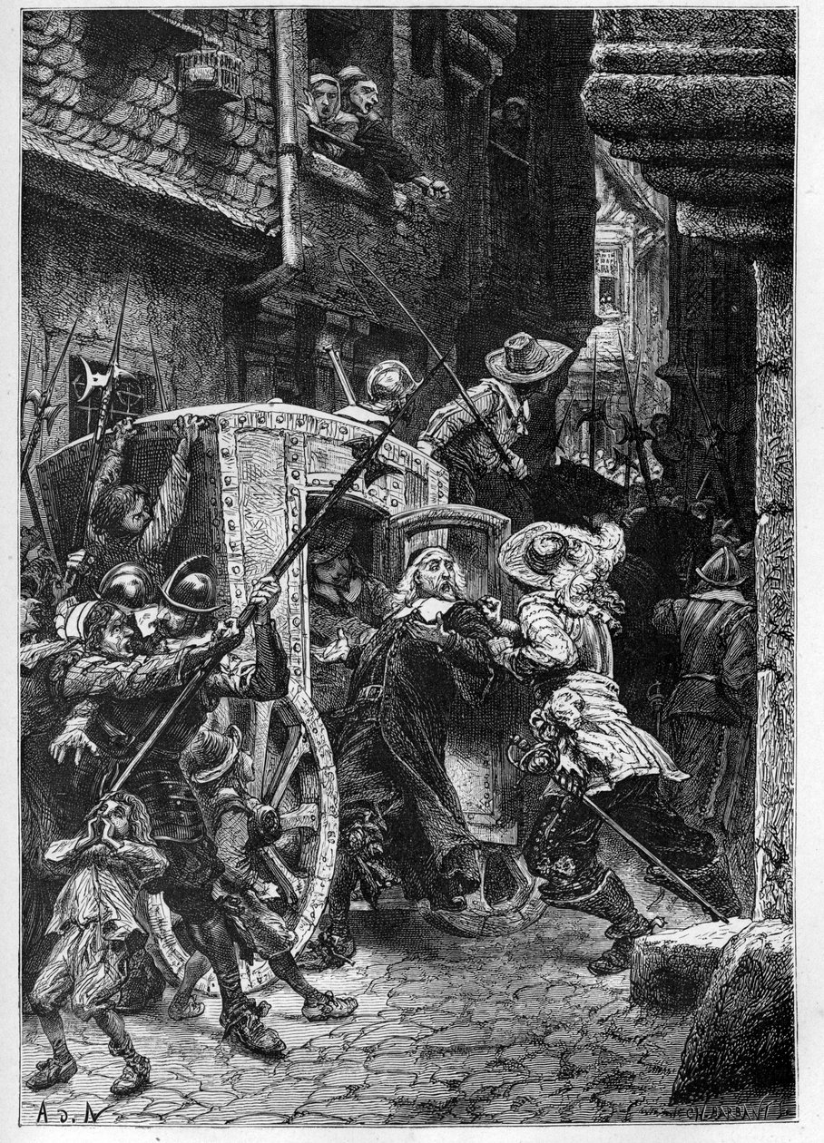 Die Verhaftung von Pierre Broussel (1575-1654) im Jahr 1648 auf Befehl von Anna von Österreich (1601-1666), was den Aufruhr des Volkes (Barrikadentage) und die Fronde auslöste von French School
