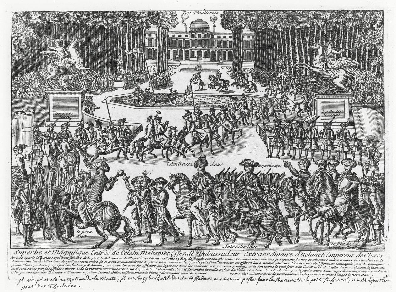 Die Ankunft von Mehmed Celebi Efendi, Botschafter von Sultan Ahmed III. der Türkei, in den Tuilerien, um von Ludwig XV. im Jahr 1721 empfangen zu werden (Stich) von French School