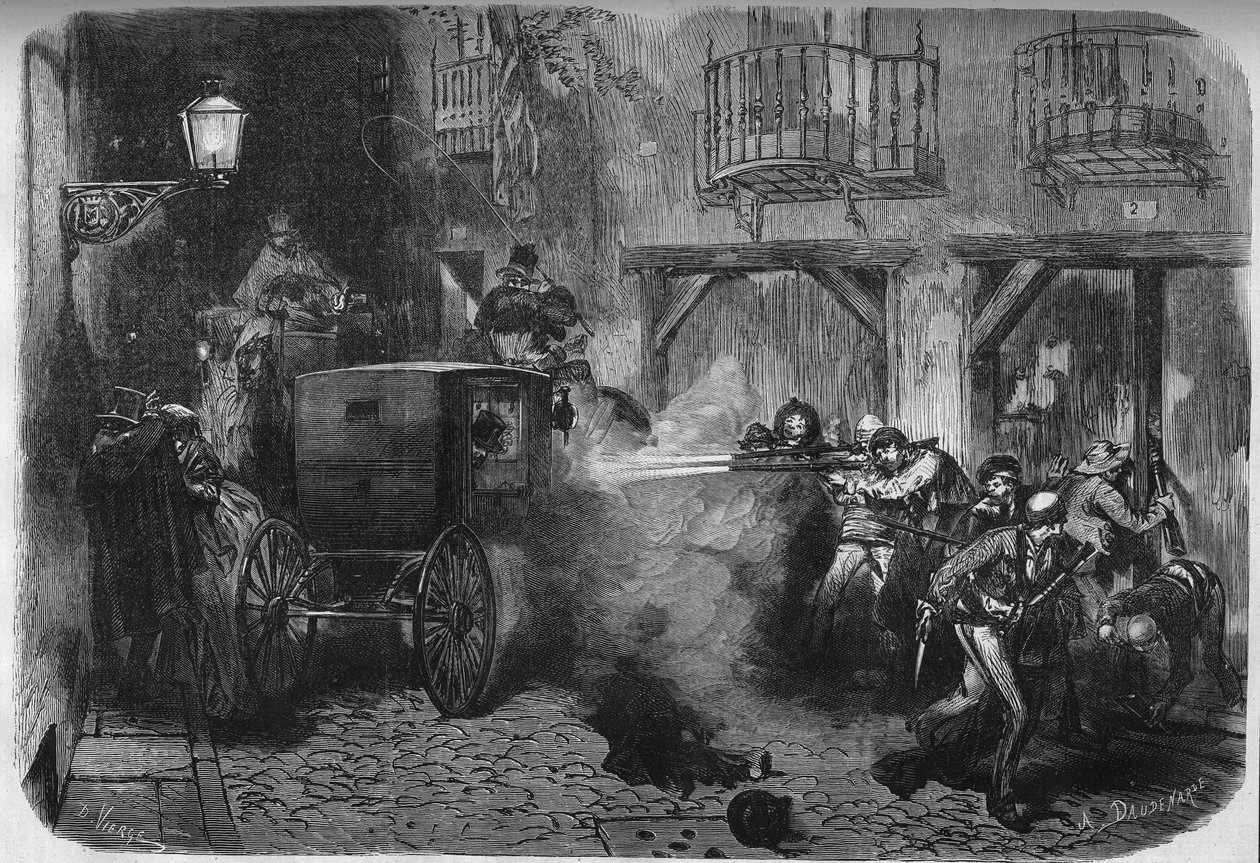 Die Ermordung von Juan Prim y Prats (1814-1870), spanischer General und Politiker, beim Verlassen der Cortes, in der Straße del Turco in Madrid am 28. Dezember 1870. Gravur in „Le Monde Illustré“ Nr. 724 vom 25. Februar 1871. von French School