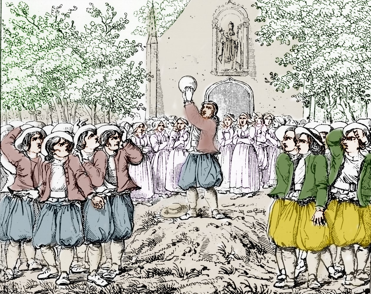 Der Beginn eines Soule-Spiels (Fußball) in der Bretagne Mitte des 19. Jahrhunderts. von French School