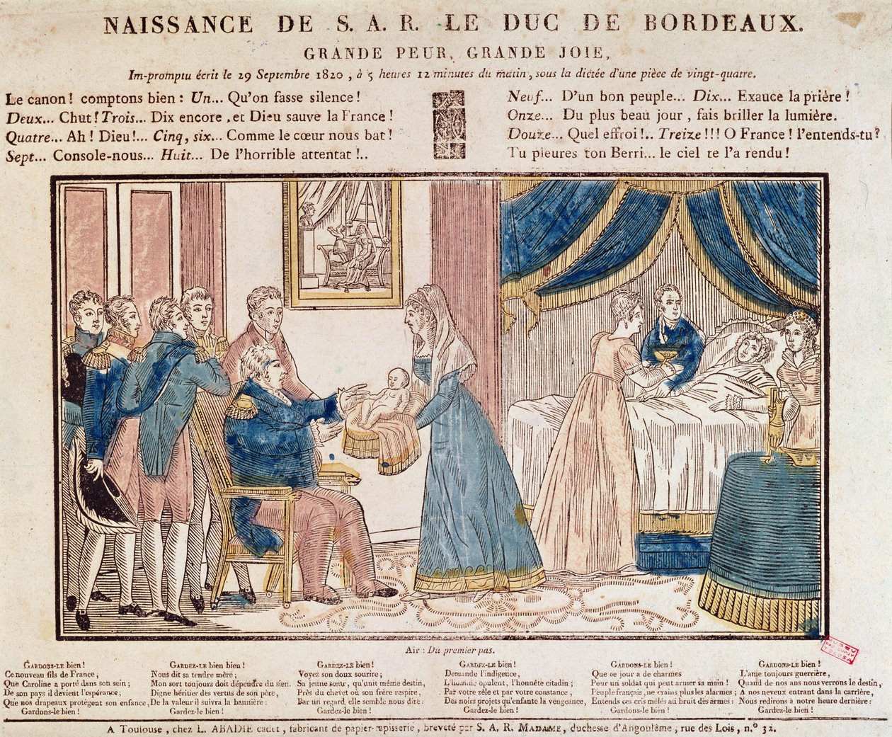 Die Geburt von Henri Charles Ferdinand Marie Dieudonne de France, Duc de Bordeaux, Comte de Chambord am 29. September 1820 (kolorierter Holzstich) von French School