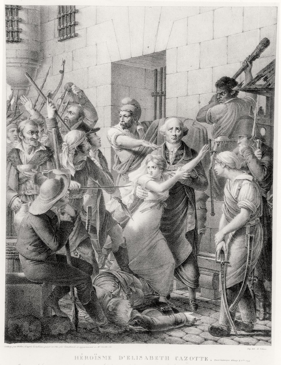 Der Mut von Elisabeth Cazotte, die ihren Vater vor dem Mob schützt (Stich) von French School