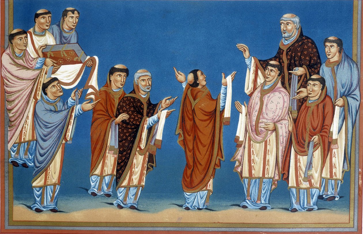 Die Kanoniker von Saint Martin (Saint Martin) von Tours bieten König Karl II., genannt der Kahle (823-877), eine in ihrer Abtei geschriebene Bibel an. von French School