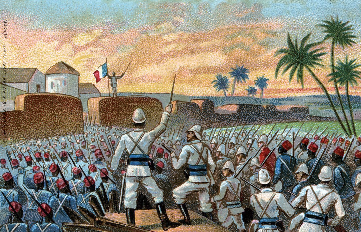 Die Eroberung von Abomey, der ehemaligen Hauptstadt von Behanzin (heute Benin) durch die französische Expeditionsarmee unter dem Kommando von General Alfred Amedee Dodds (17. November) von French School