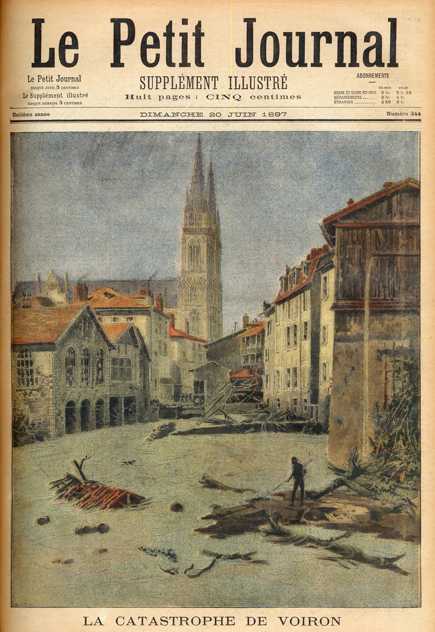Die Katastrophe (Überschwemmung) des Dorfes Voiron (Isère) Frankreich in „Le Petit Journal“, 20. Juni 1897 (Gravur) von French School