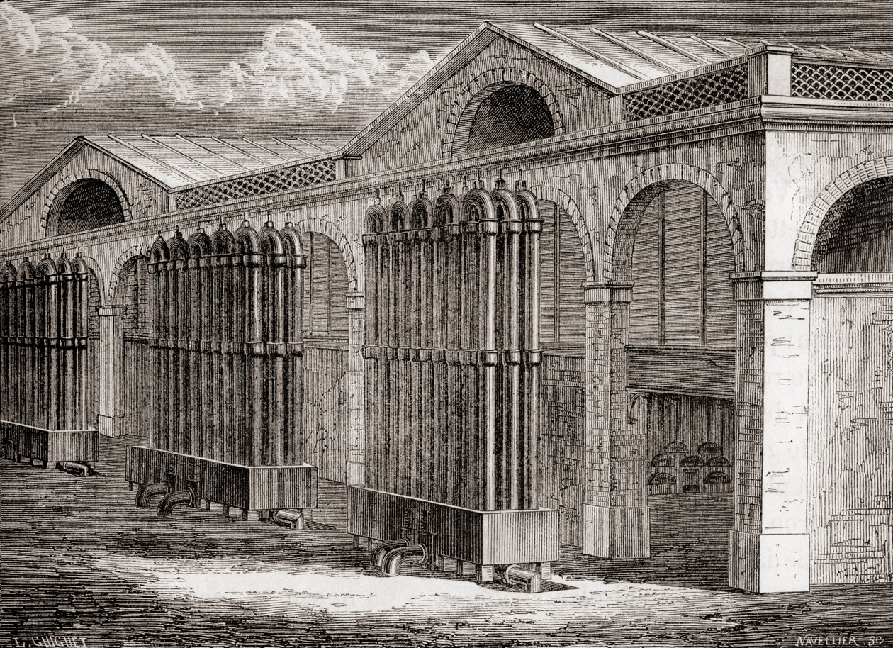 Die Kohlegaskondensationsanlage in La Villette, Paris, Frankreich im 19. Jahrhundert, aus 