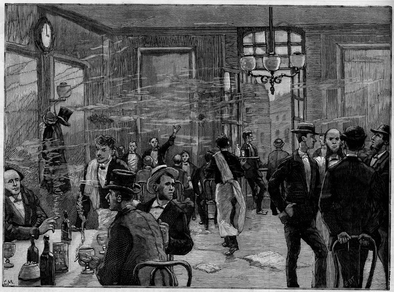 Die Kaffeejungen in einem Etablissement in der Rue Montmartre in Paris. In „Le Monde Illustré“ 1886. von French School