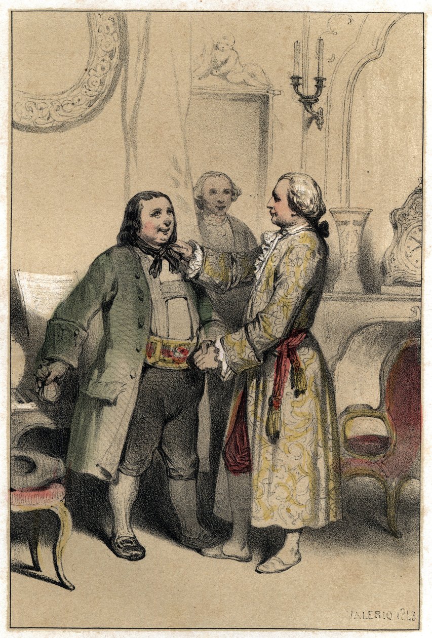 Der Komponist Joseph Haydn empfängt einen Mann, der ihn bittet, ein Menuett für die Hochzeit seiner Tochter zu komponieren. Platte aus „Scenes de la vie des hommes famous“ Gravur in zwei Farben von Valerio. 1843 von French School