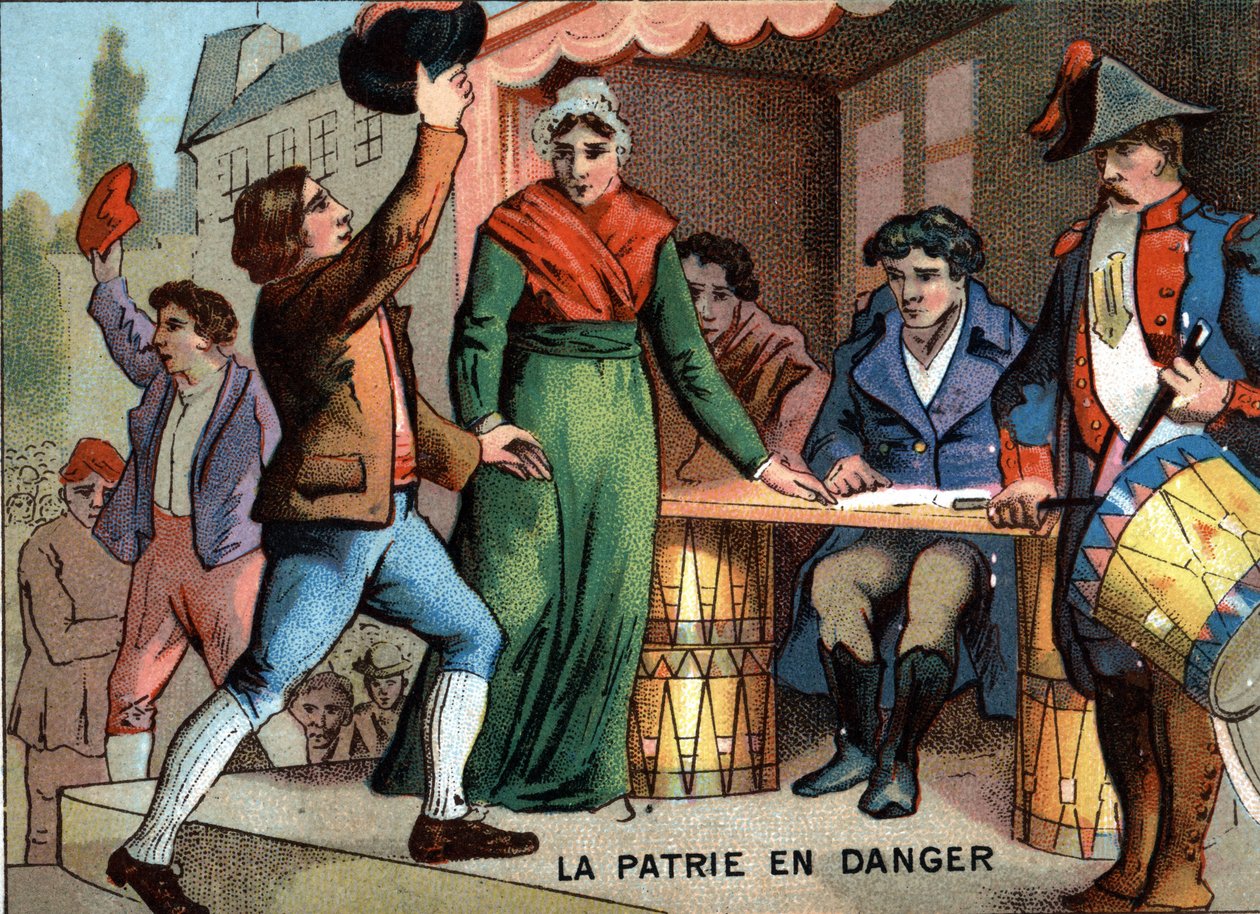 Das Land in Gefahr: "Die Freiwilligen von 92". Chromolithographie aus der Serie "Patriotische Erziehung durch Bild". von French School
