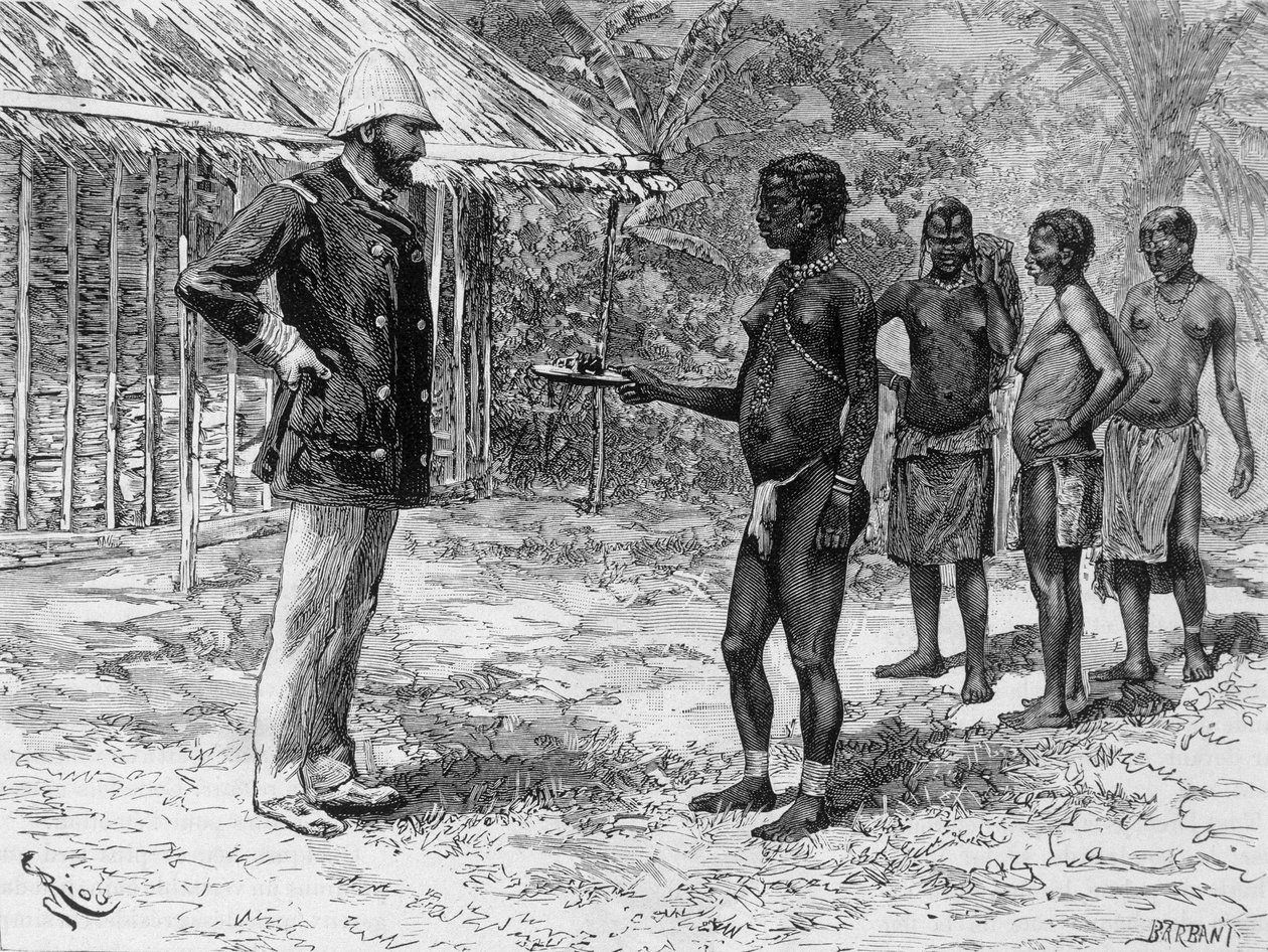 Die Tochter von Libossi präsentiert M. de Brazza ein Gericht mit Raupen - in „Tour du Monde“, 2. Woche 1888 von French School