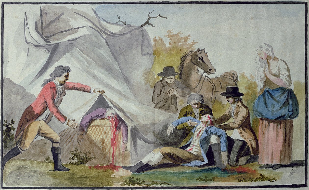 Der Tod von Francois Pilatre de Rozier (1754-85) bei Boulogne am 15. Juni 1785 nach dem Versuch, den Kanal in einem Mongolfiere-Ballon zu überqueren von French School