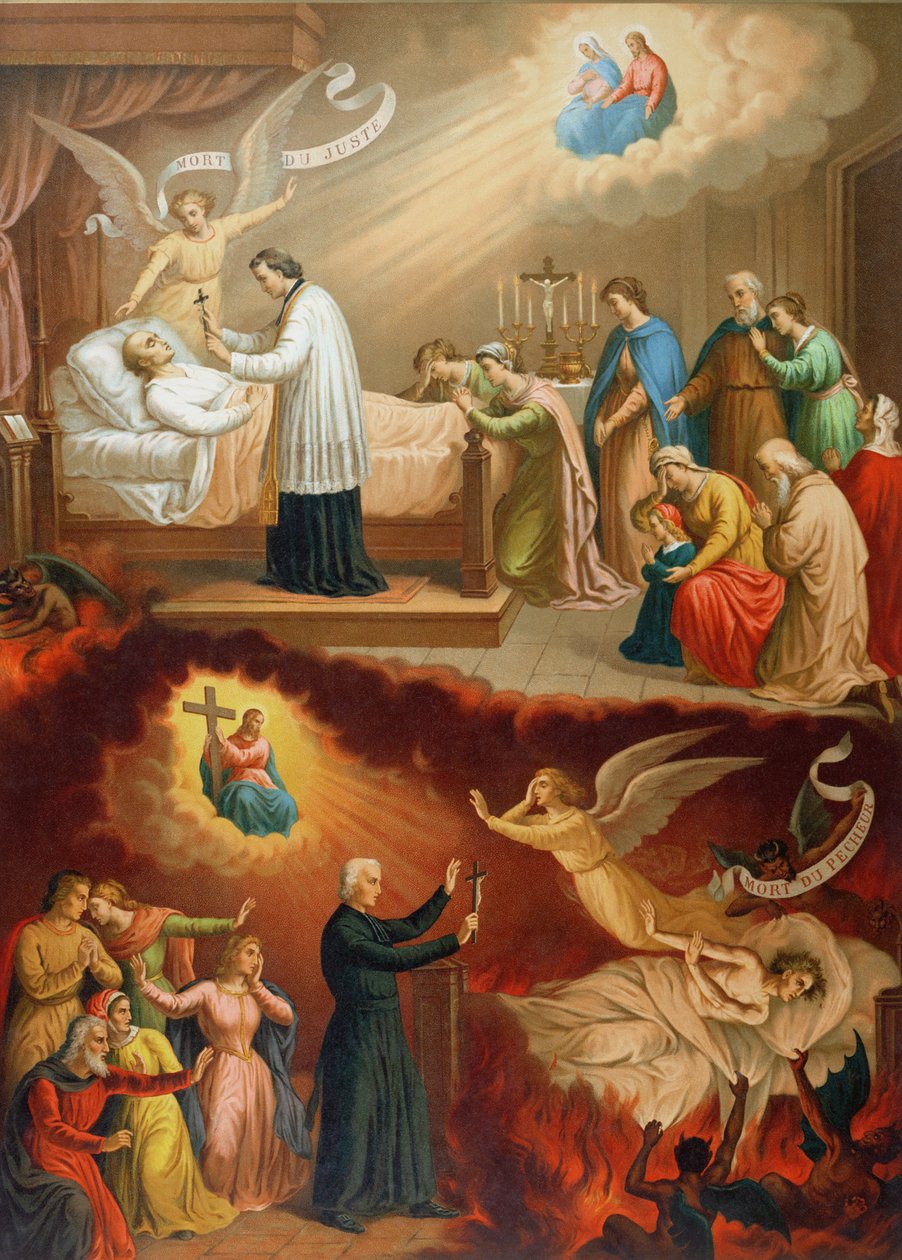 Der Tod des Gerechten und der Tod des Sünders, Illustration aus einem Bildkatechismus, Ende des 19. Jahrhunderts von French School