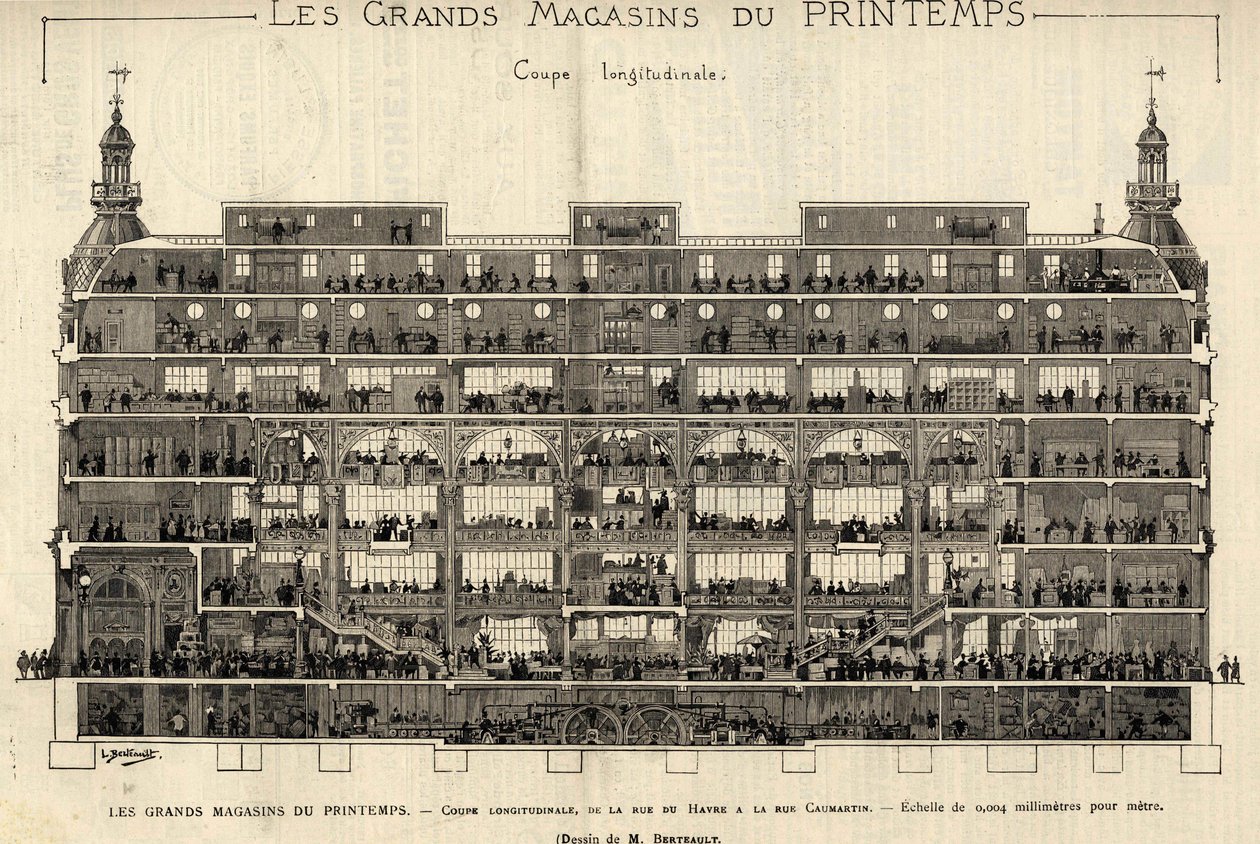 Die Kaufhäuser von Printemps im Jahr 1889, Längsschnitt, von der Rue du Havre zur Rue Caumartin, Zeichnung von Berteault, Bianchetti-Sammlung von French School