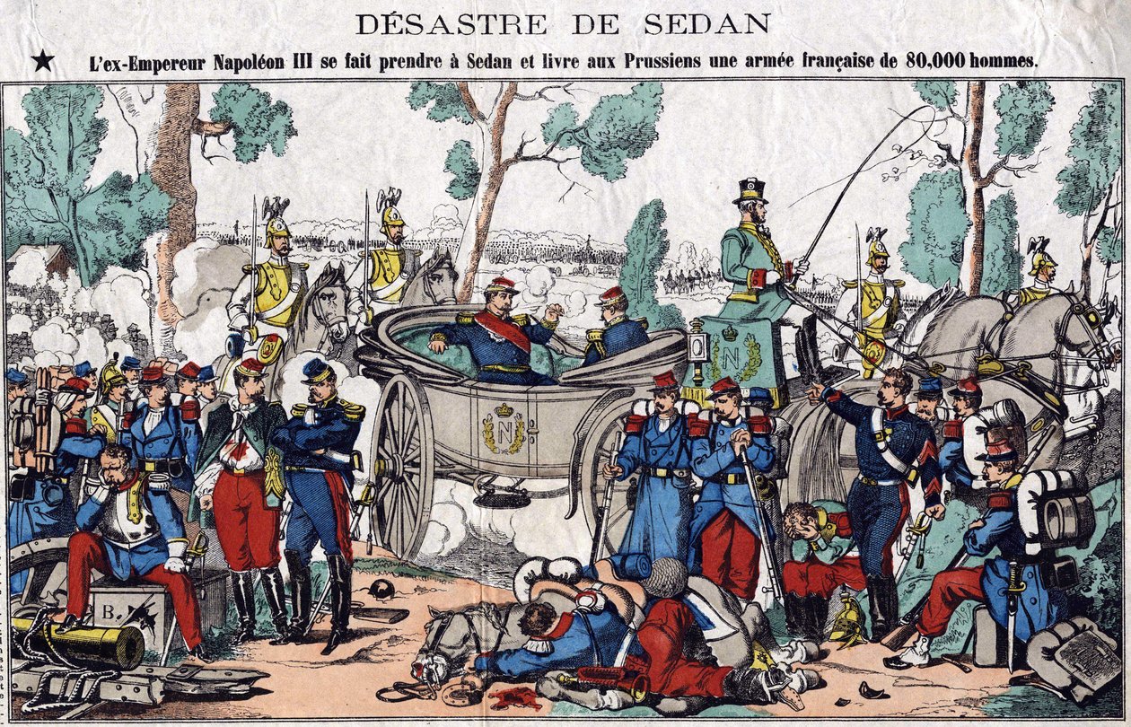Das Unglück von Sedan; Der ehemalige Kaiser Napoleon III wird in Sedan gefangen genommen und liefert den Preußen eine französische Armee von 80.000 Mann (Bild des 19. Jahrhunderts) von French School