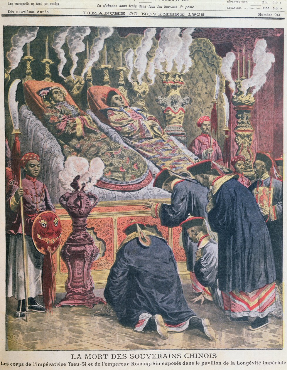 Die Ausstellung der Leichen des Kaisers Kouang-Siu (1872-1908) und seiner Tante der Kaiserin Tseu-Hi (1835-1908) im Pavillon der kaiserlichen Langlebigkeit, Illustration aus Le Petit Journal 1908 von French School