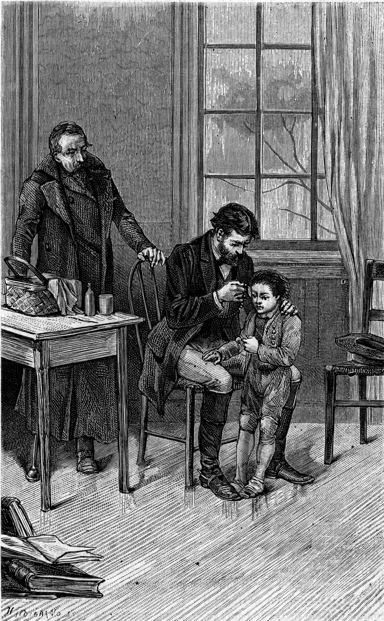 Der Arzt marmorierte: Ein Arzt untersucht das Ohr eines tauben Kindes. Gravur, die „Der Teppich der vier Facardins“ von Mme de Vitt, geb. Guizot, illustriert. In „Le Journal de la jeunesse“ von French School